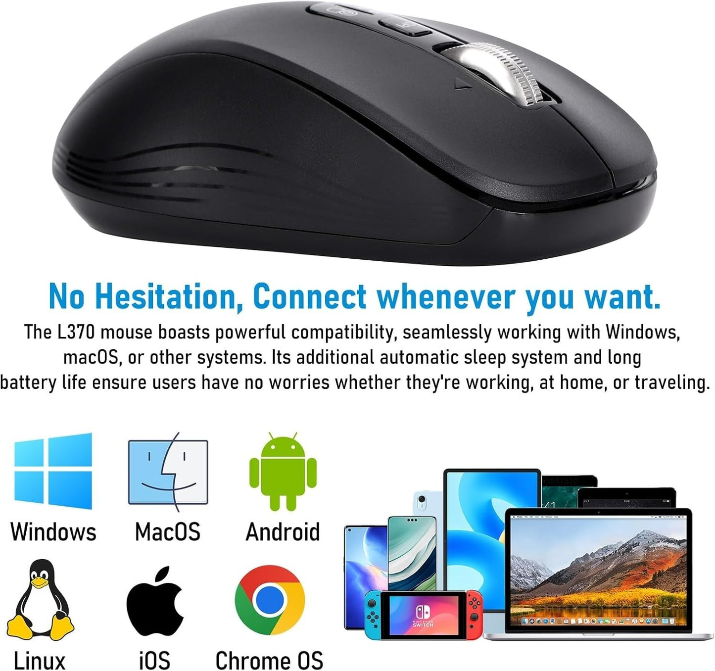 Wireless Mouse, Dual Bluetooth & USB, Silent Clicks, Adjustable DPI Rechargeable