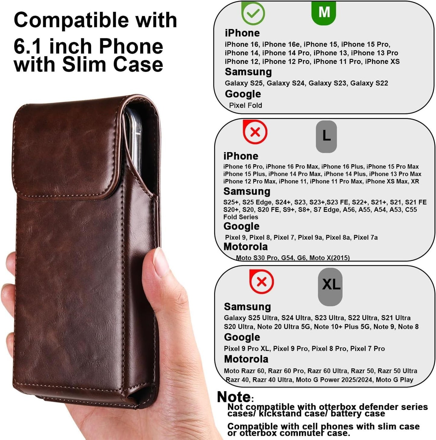Premium Leather Cell Phone Holster for iPhone/Galaxy – Belt Clip Pouch, Coffee