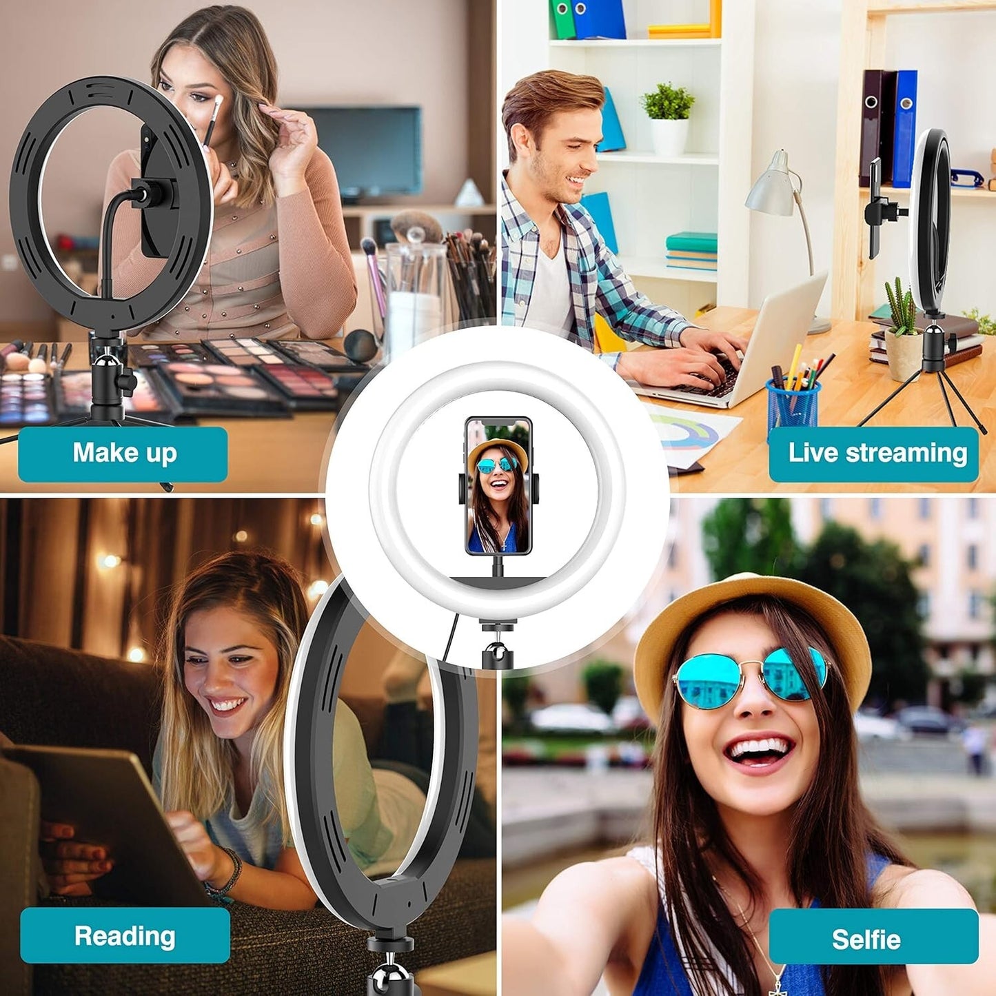 Waulnpekq 10 Self Ring Light W Tripod Stand Phone Holder Ring Light