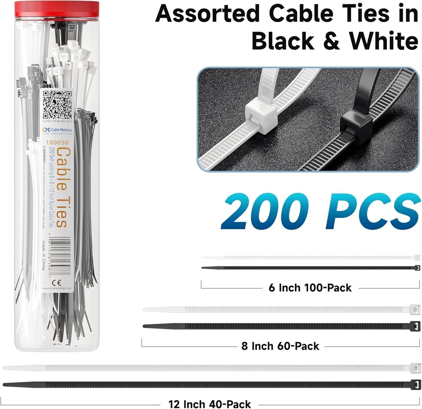 Cable Matters 200-Pack Zip Ties – 6/8/12" Nylon Cable Ties Black & White