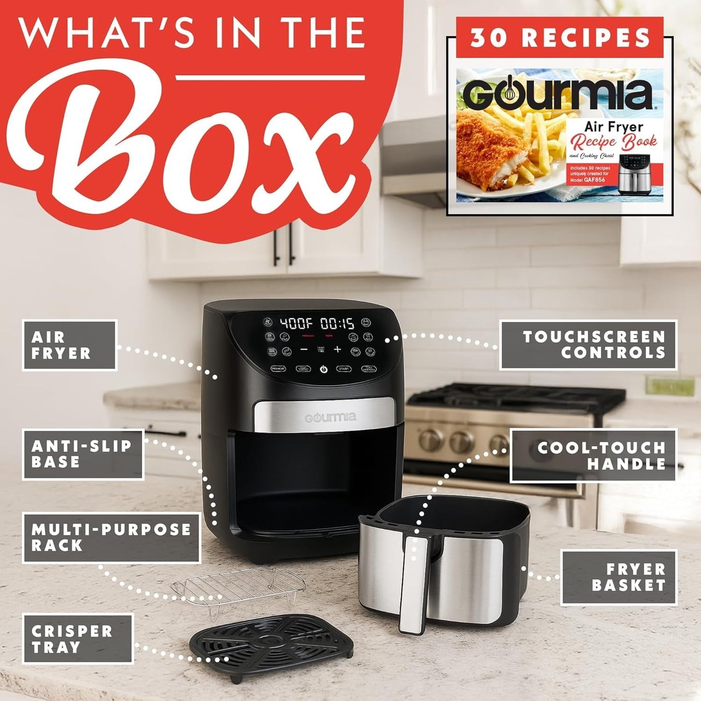 Gourmia 7QT Air Fryer Digital Controls, Guided Cooking, 10 Presets, 1500W, Black