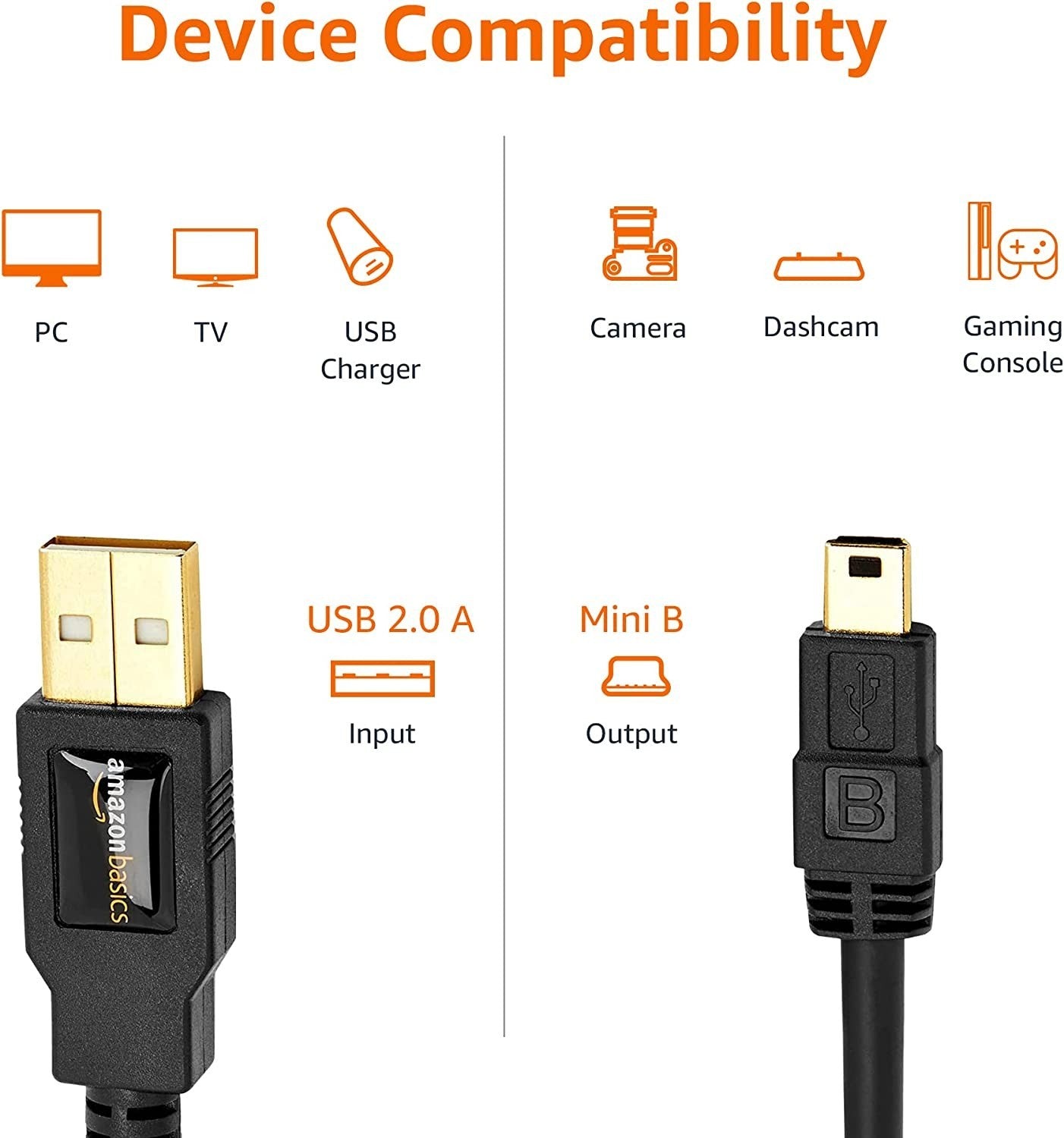 Amazon Basics USB-A to Mini USB 2.0 Cable – 3ft, 480Mbps, Gold-Plated, Black