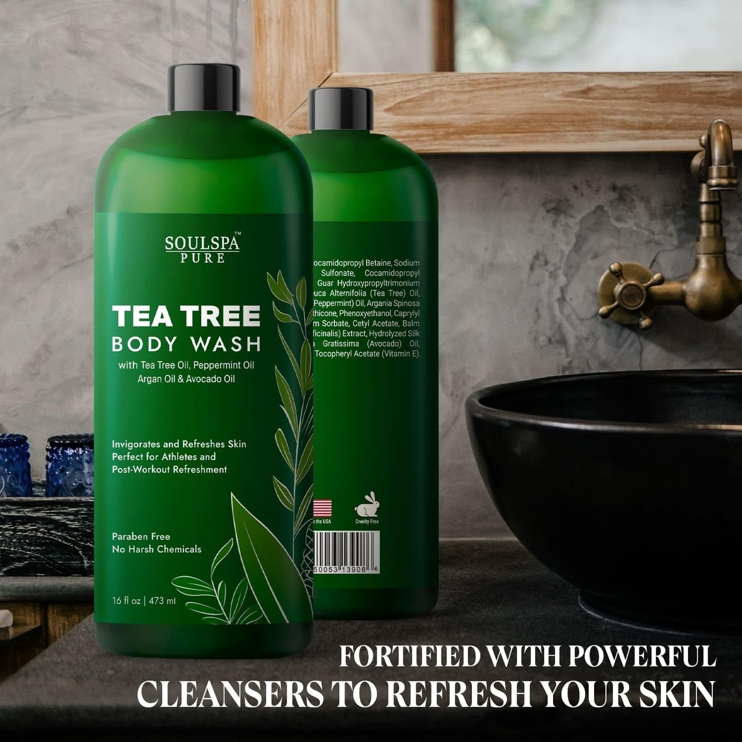 SOULSPA PURE Tea Tree Body Wash 2-Pack– 16oz Each, Peppermint Odor & Itch Relief