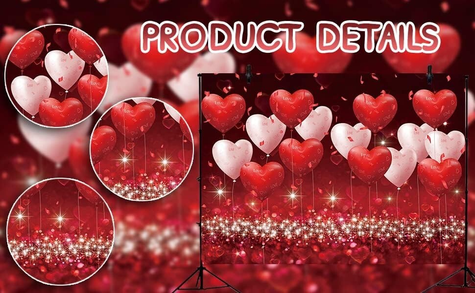 Red Pink Hearts Balloons Backdrop Valentines Day Glitter Romantic Couple Photog