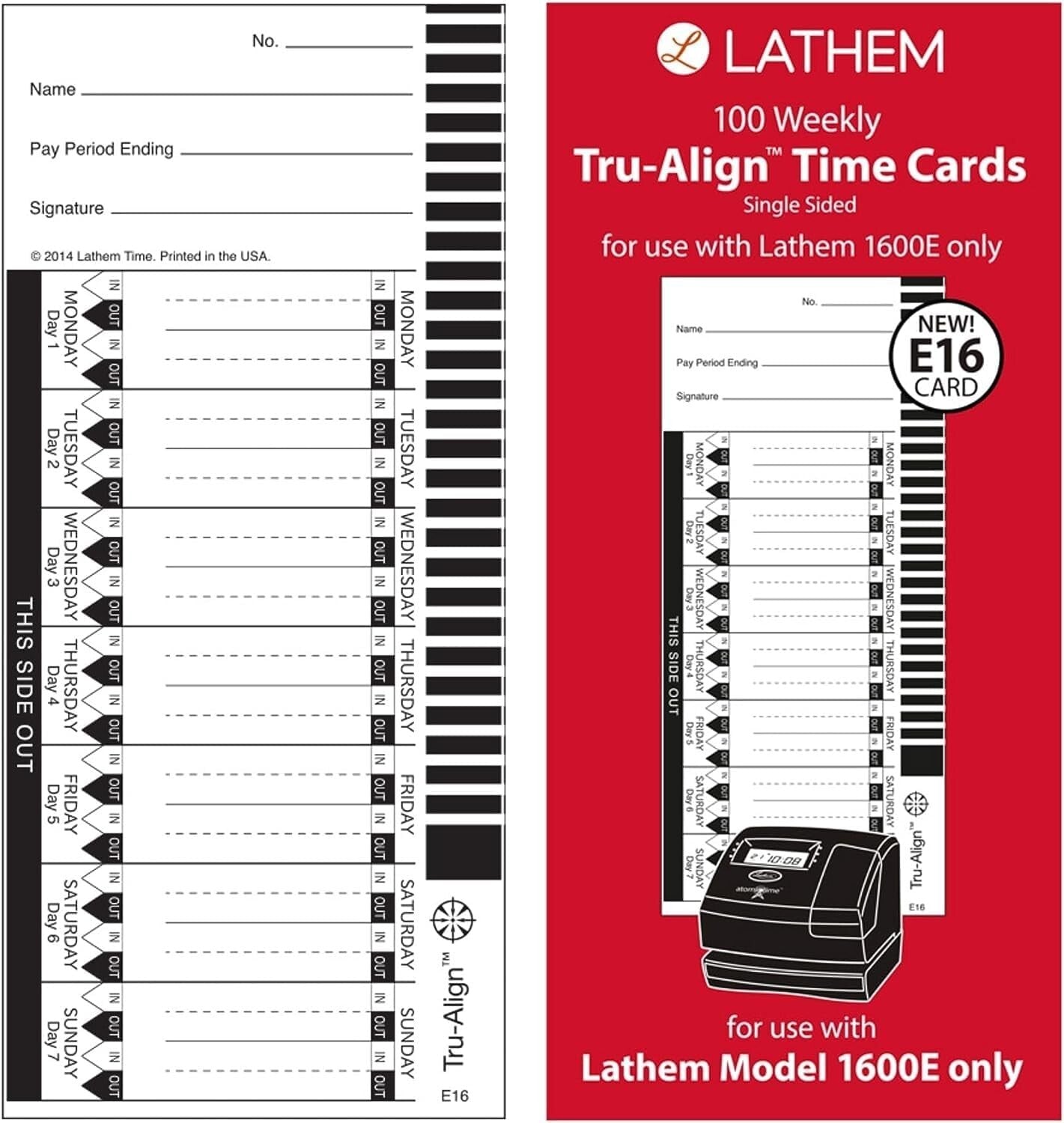 E16 1600E Lathem TruAlign Time Cards Weekly 1Sided White