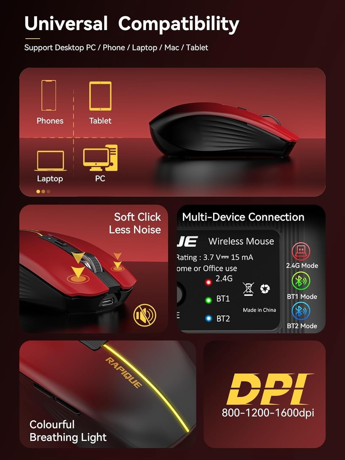3-Mode Bluetooth Wireless Mouse BT1/BT2+USB Rechargeable Multi-Device, Gradient