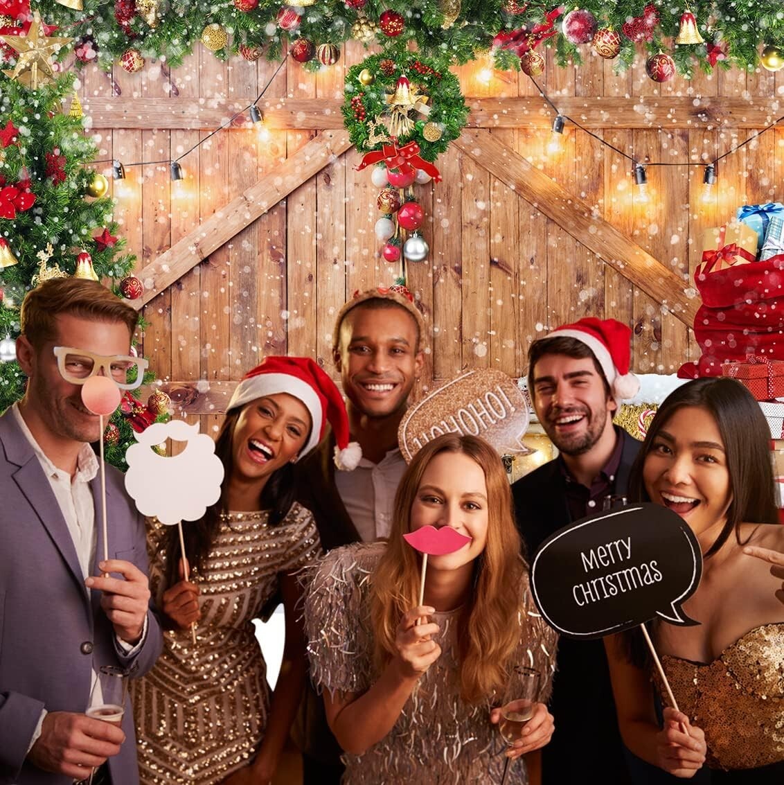Rustic Christmas Barn Wood Door Backdrop Xmas Tree Snow Photography 10 x 8 FT