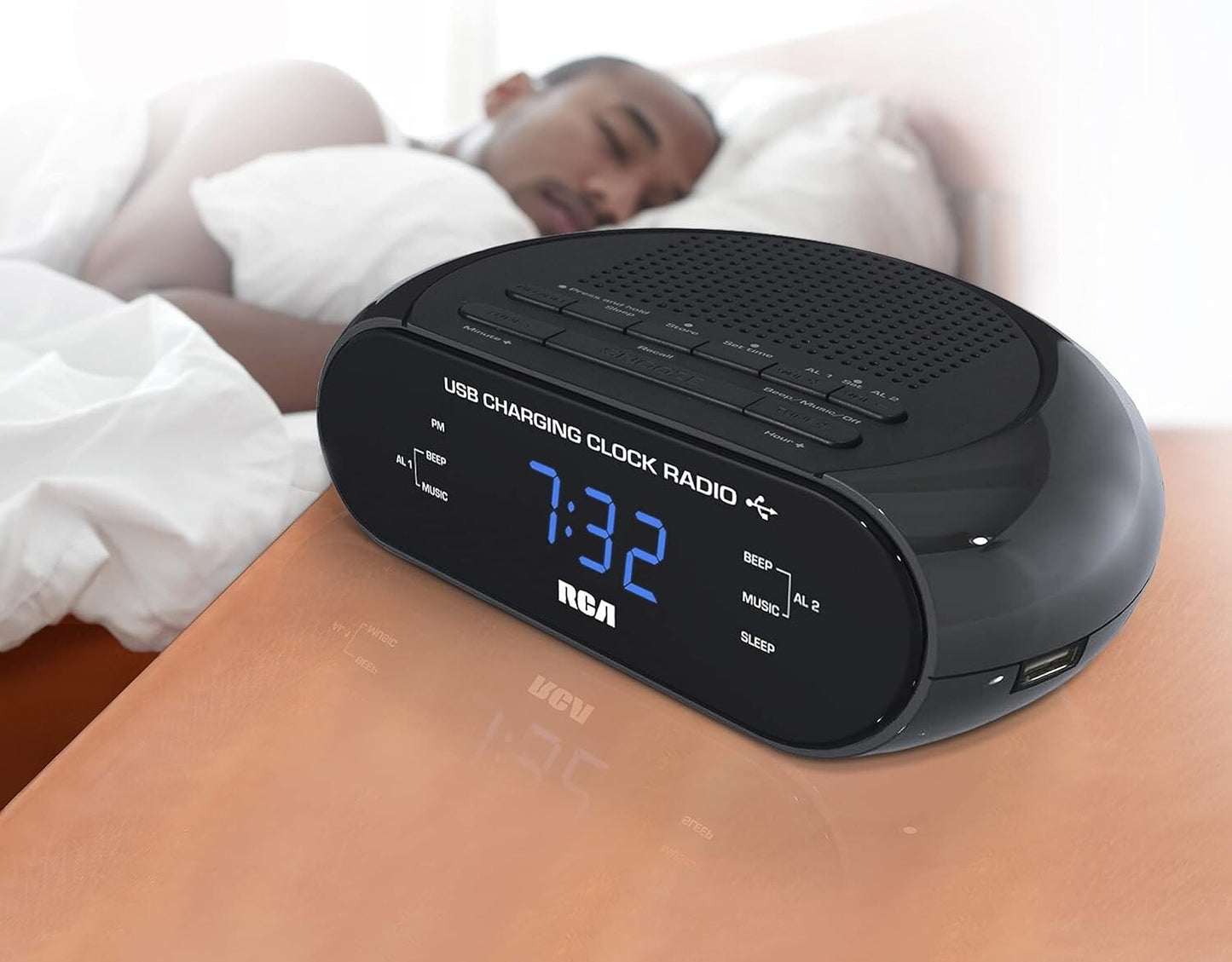 RCA RC207A Charging Clock Radio 06Inch Blue FM Radio