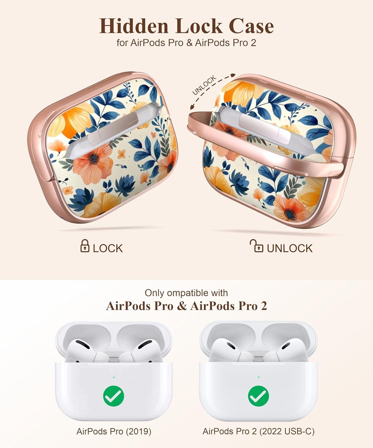 TATOFY AirPods Pro 1 & 2 Case with Lock – Floral Hard Cover + Cleaner Kit