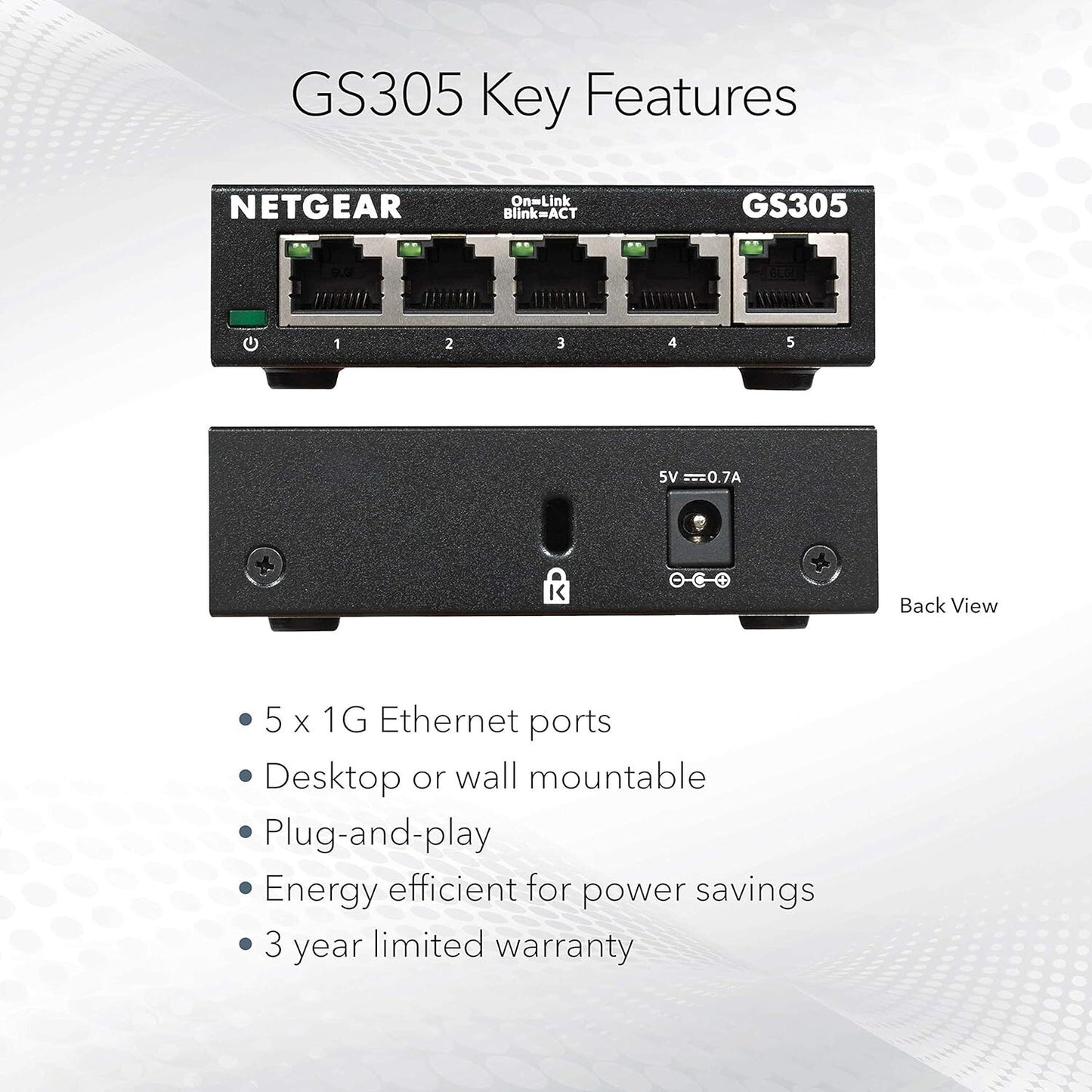 NETGEAR GS305 5Port Gigabit Ethernet Unmanaged Switch Desktop Quiet Fanless