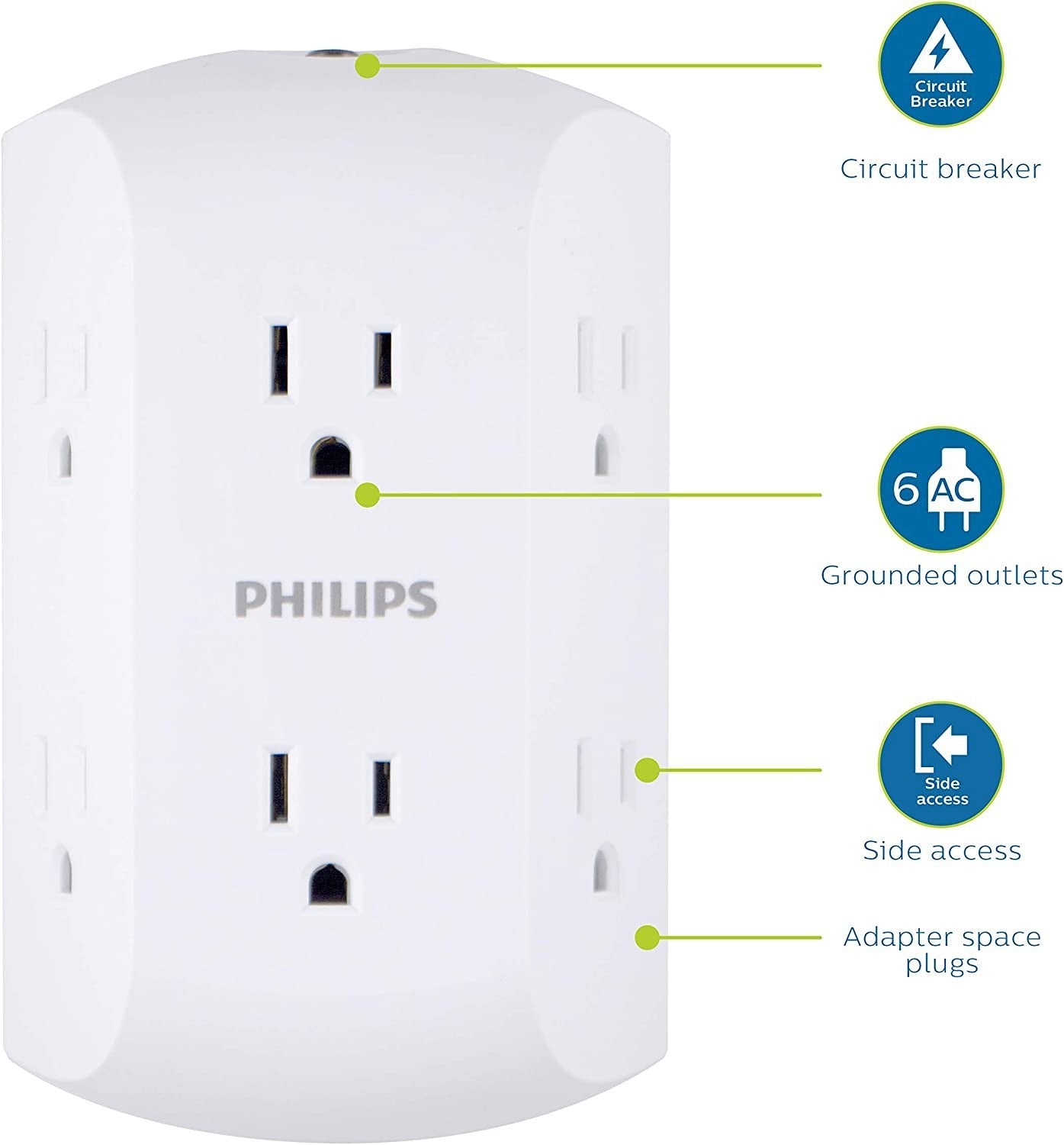 Philips 6-Outlet Wall Tap Extender – Grounded, Circuit Breaker, White