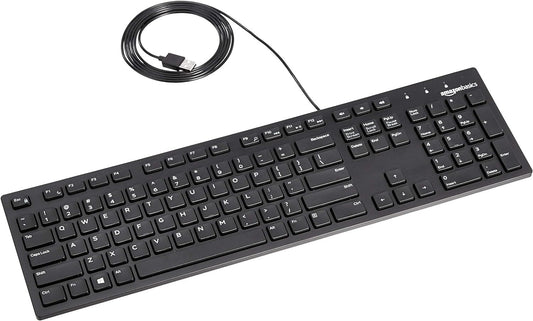Amazon Basics Wired Keyboard – Full-Size QWERTY, USB, Black