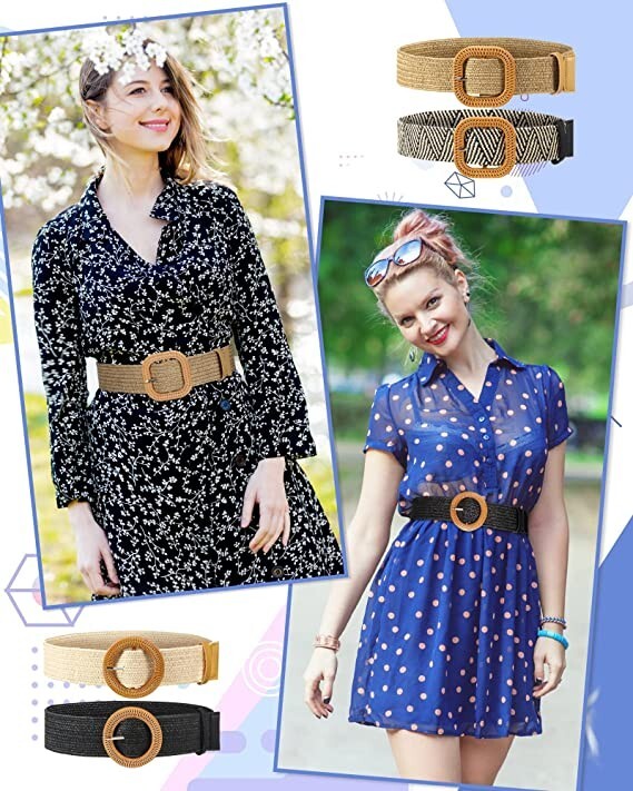 4 Pack Straw Woven Elastic Stretch Waist Belt Women Skinny Dress Belt Wooden Buc