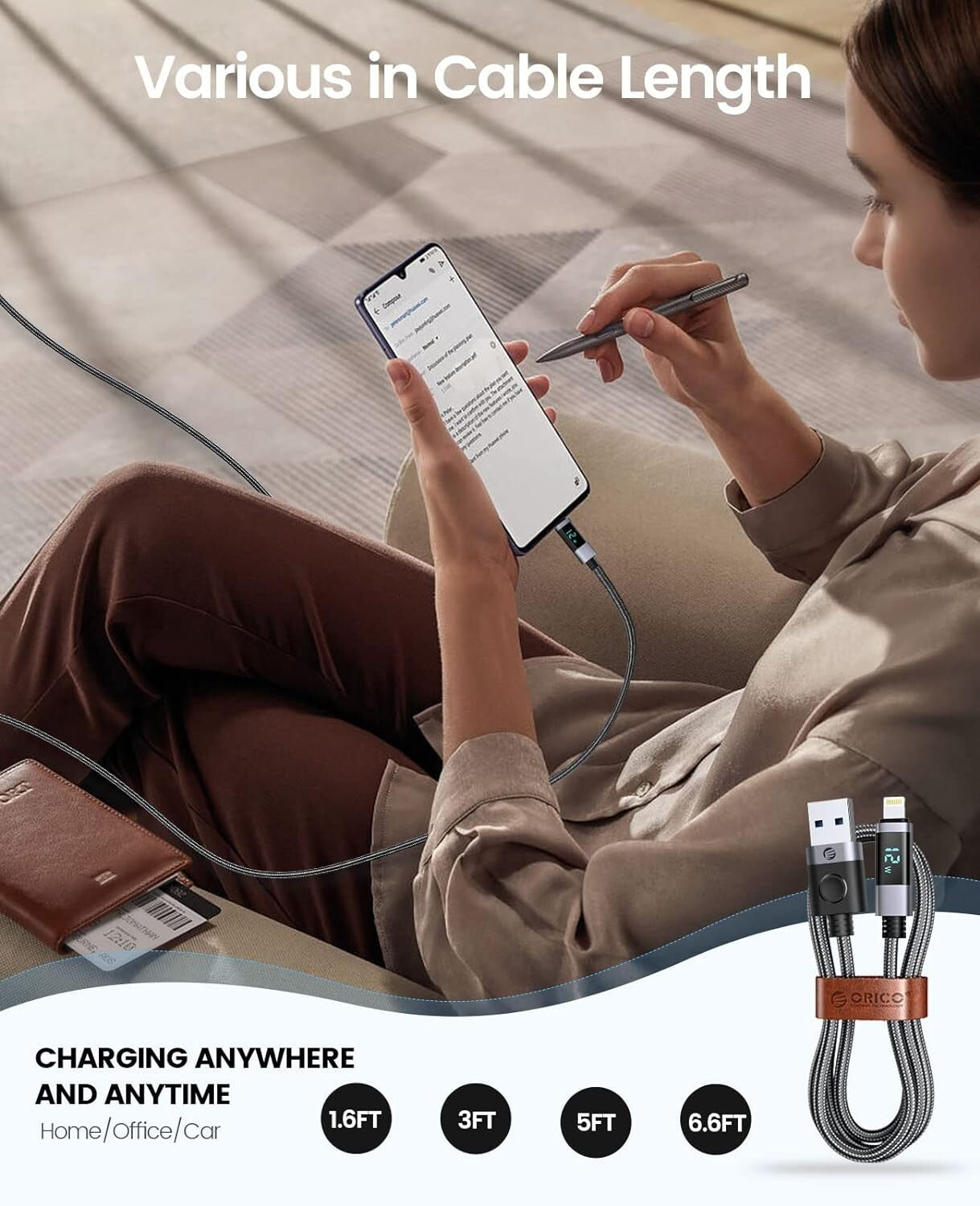 ORICO USB-A to Lig tning Cable to Lig tning Charger Cable Display Fast