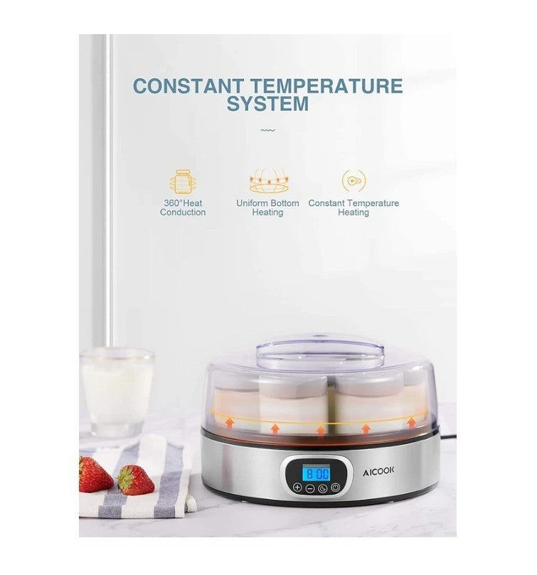 AICOOK Automatic Digital Yogurt Maker Timer Control, LCD Display, 304 Stainless