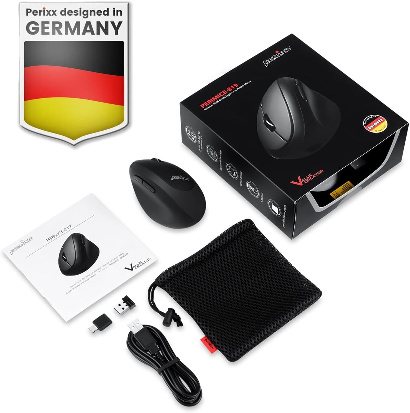 PERIMICE-819B Perixx Bluetooth Portable Vertical Mouse Wireless 3in1 MultiDev