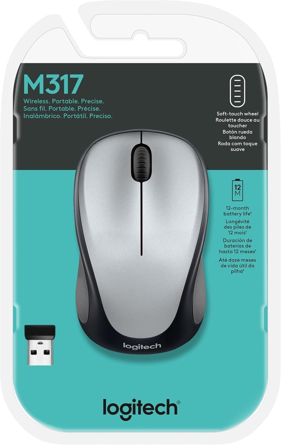 Logitech M317 Wireless Mouse – USB Receiver, 1000 DPI – Light Steel