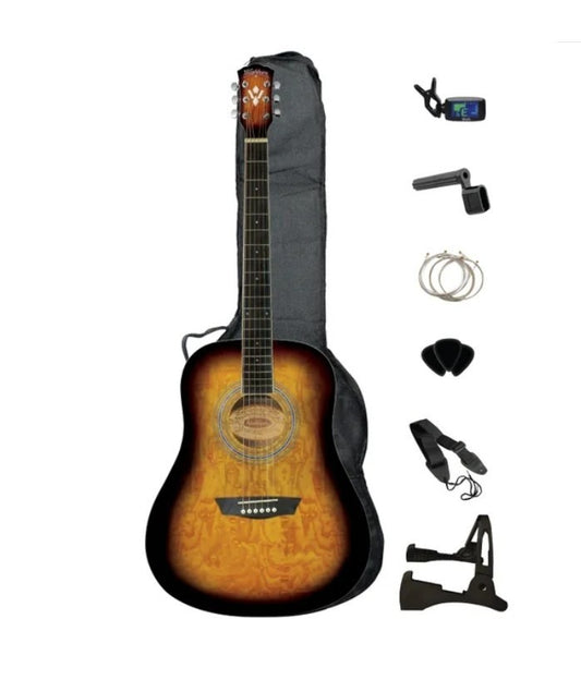 Washburn Premium Acoustic Guitar Pack Quilted Maple Top Vintage Tobacco Burst