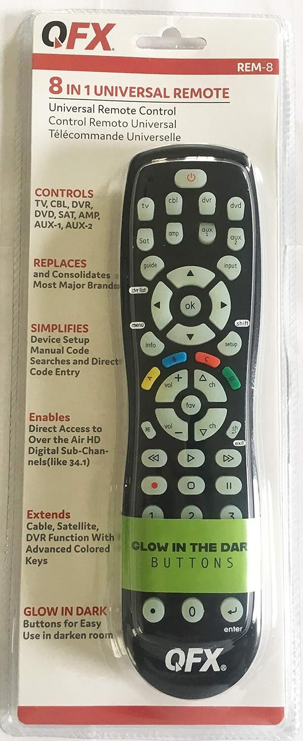 QFX REM-8 8in1 Universal Remote GlowinDark Buttons