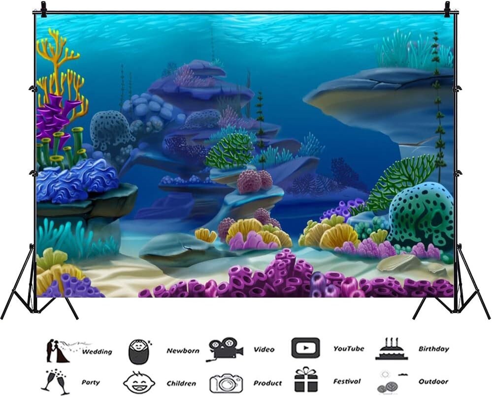 12x8ft Summer Aquarium Blue Underwater Photography Backdrop Colorful Coral Reef