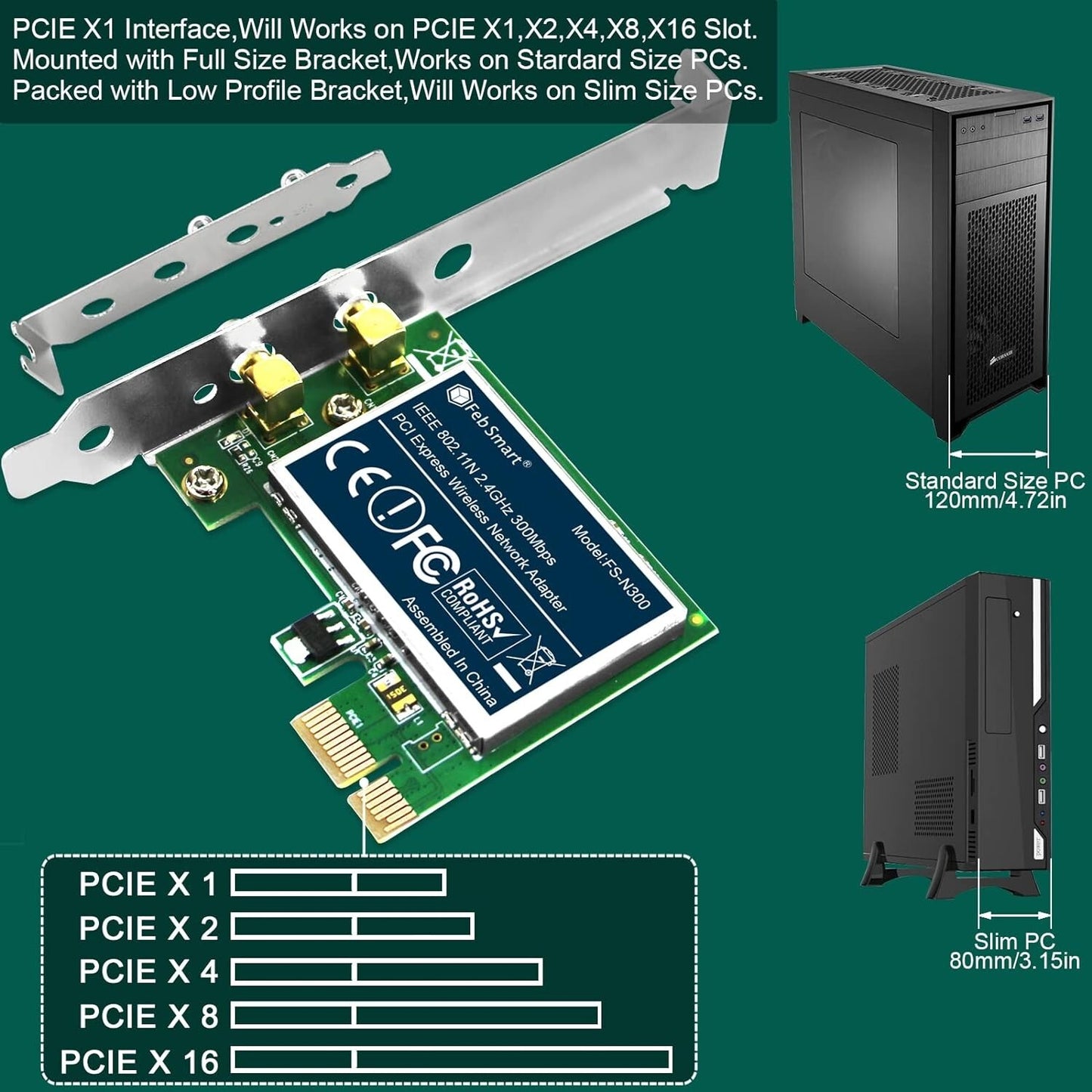 PCIE FebSmart Wireless N Dual Band 600Mbps 24GHz 300Mbps or 5GHz 300Mbps WiFi