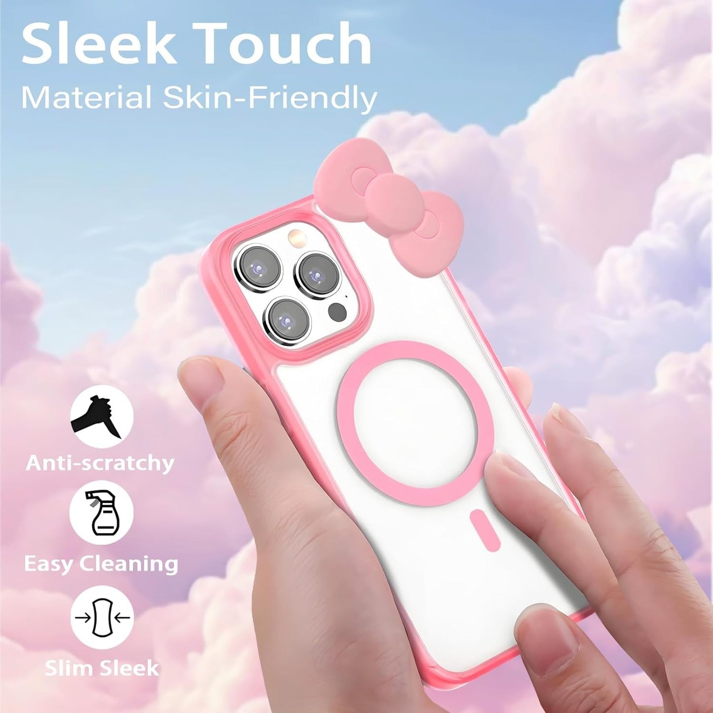 Kawaii iPhone 13 Pro Max Case – 3D Cartoon Bow, Magnetic, Shockproof, for Girls