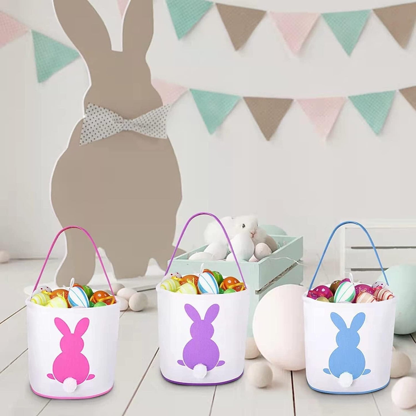 PCS 3 Easter Eggs Hunt Basket Kids Canvas Bunny Bags Multicolor