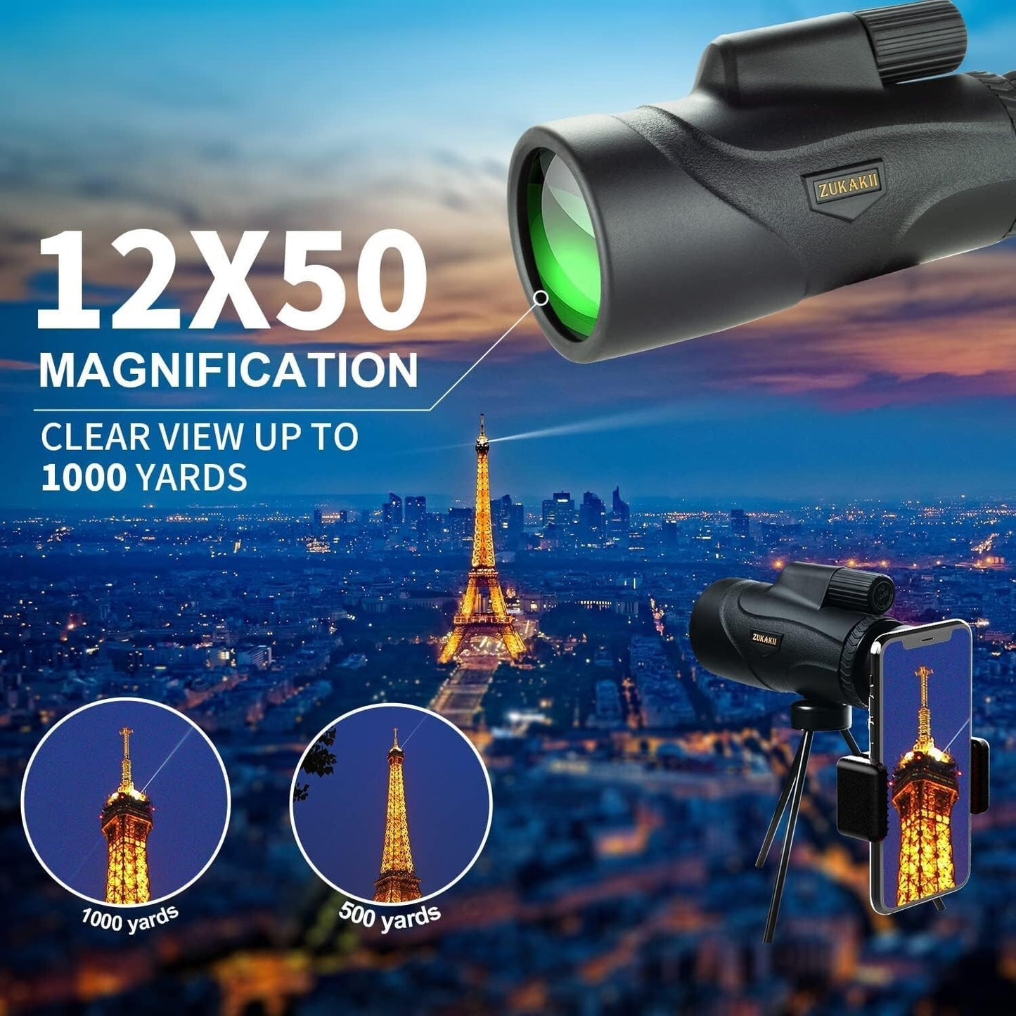 2022 zukakii 12x50 Monocular Telescope Mini Waterproof Telescope w Smartphone