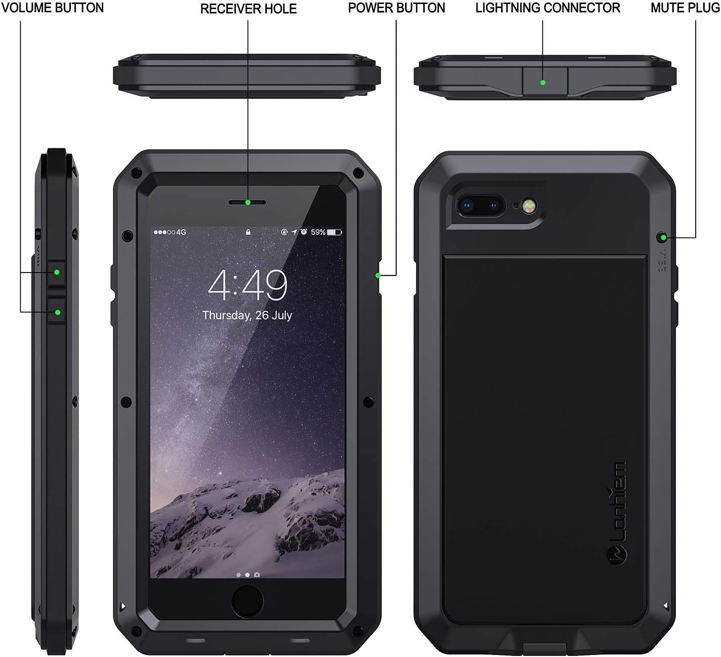 Lanhiem iPhone 7/8 Plus Case– Heavy Duty Metal Cover with Screen Protector Black