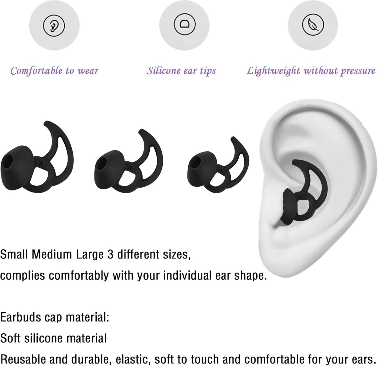 3 Pairs Ear Tips for Bose QuietComfort/Sport Earbuds – S/M/L Silicone Black