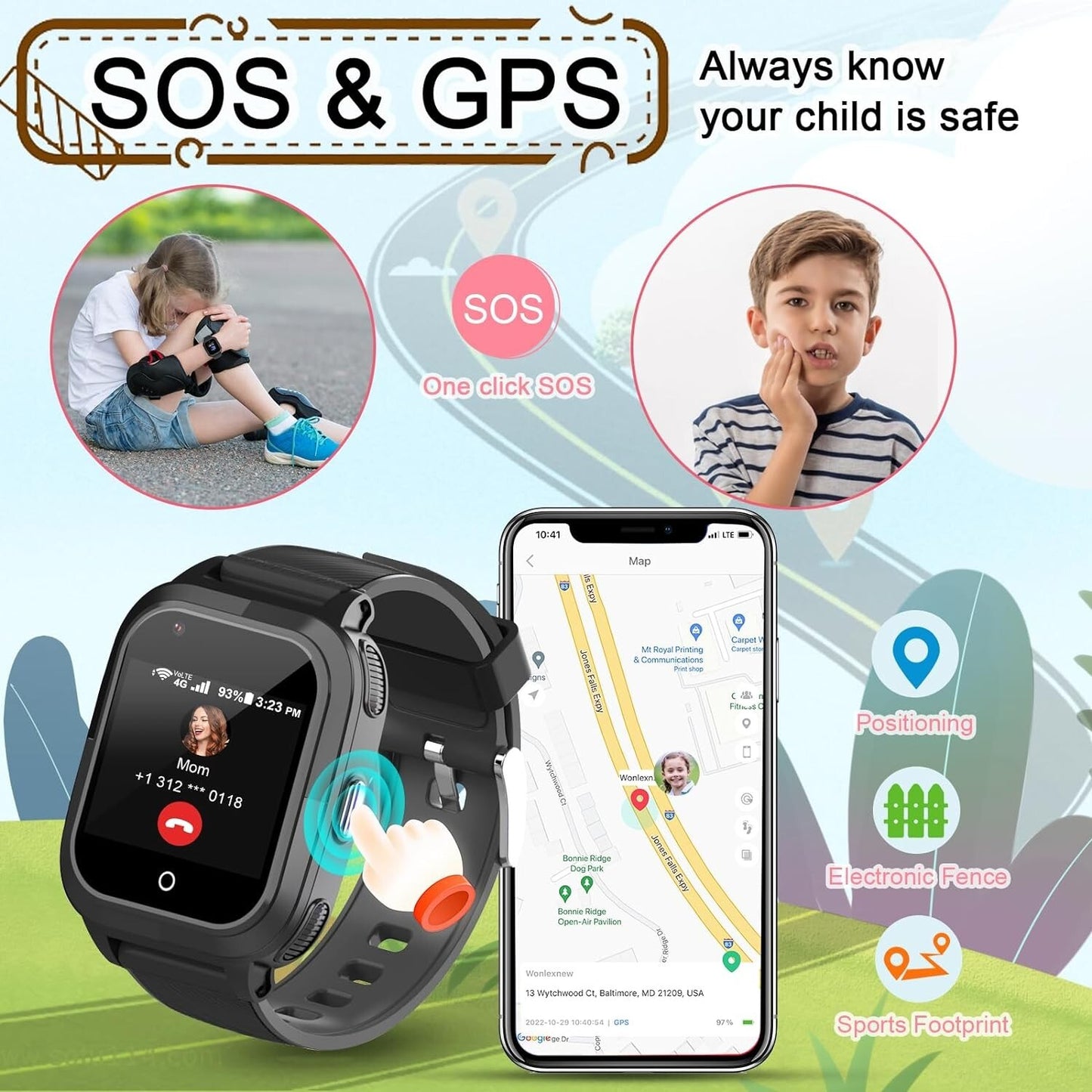 SIM GPS Kids Smartwatch w Card 4G Kids Tracker Whatsapp Line Realtime Calling