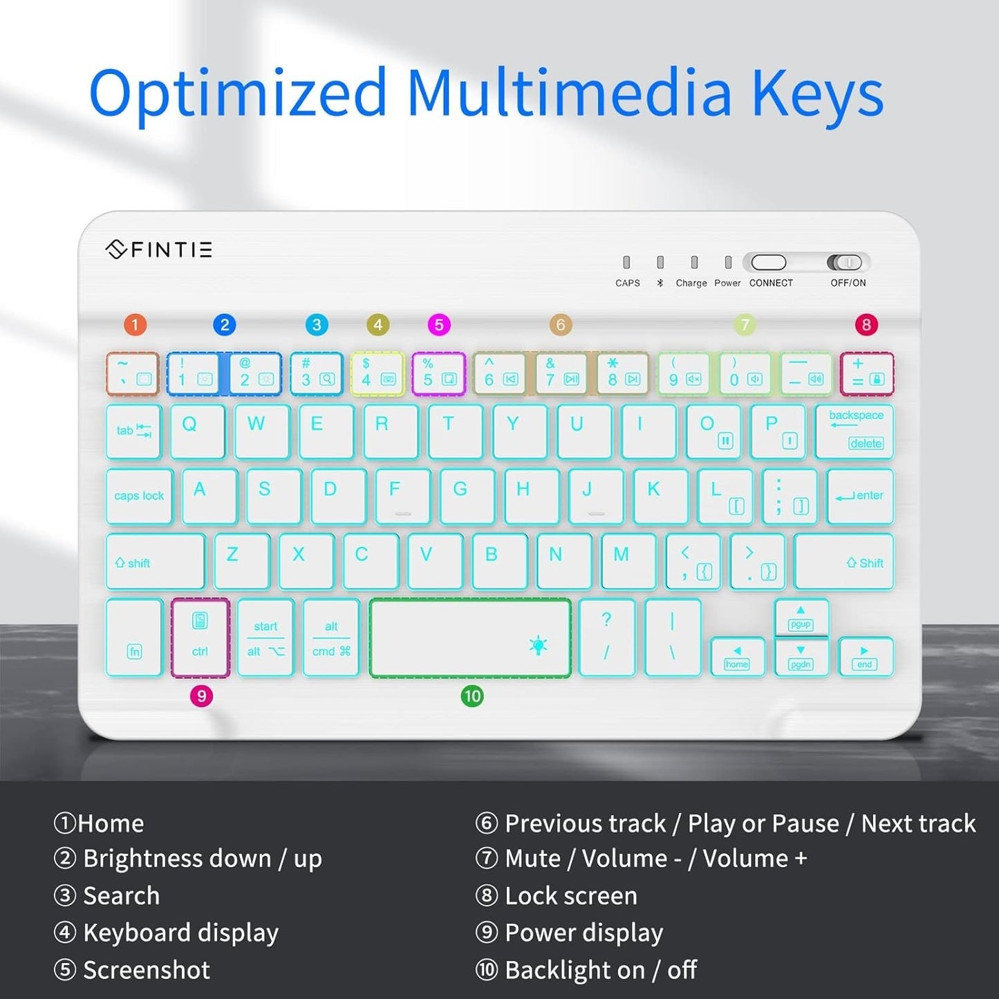 Fintie 8" Bluetooth Keyboard – 7-Color Backlit, Slim, iOS/Android, White