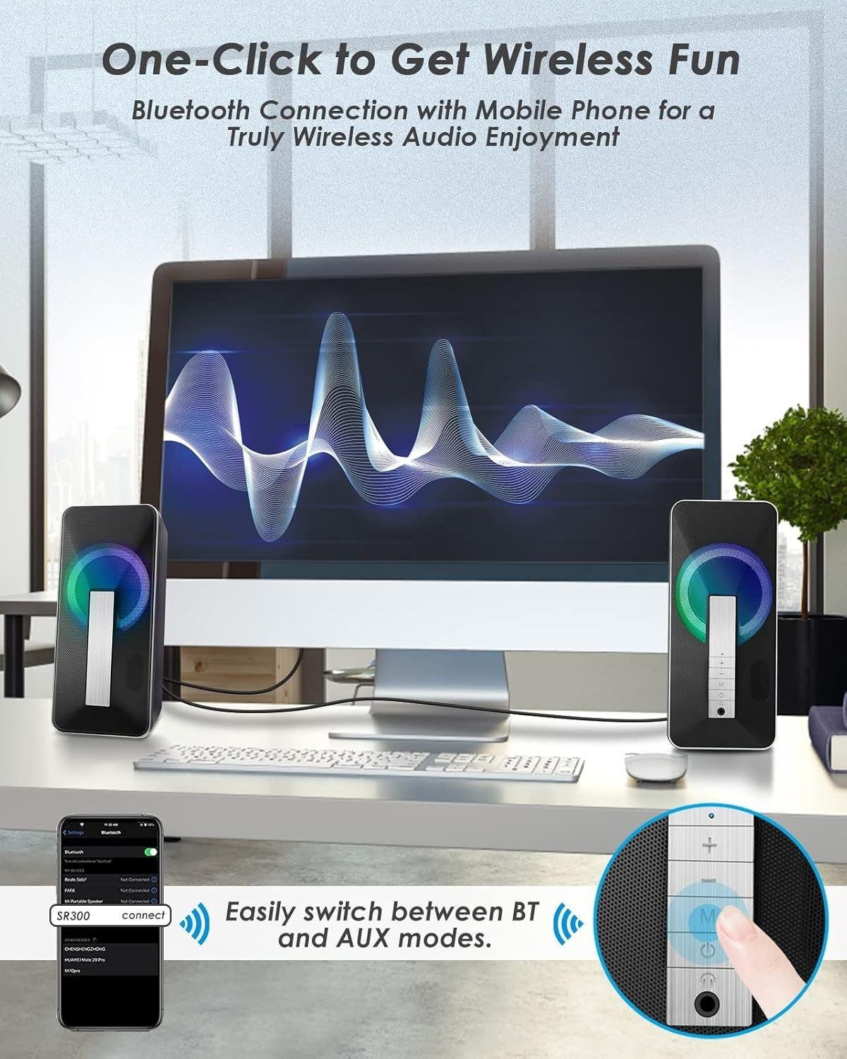 RGB Bluetooth 5.0 PC Speakers 10W Stereo Bass – Aux‑in for Laptop Desktop