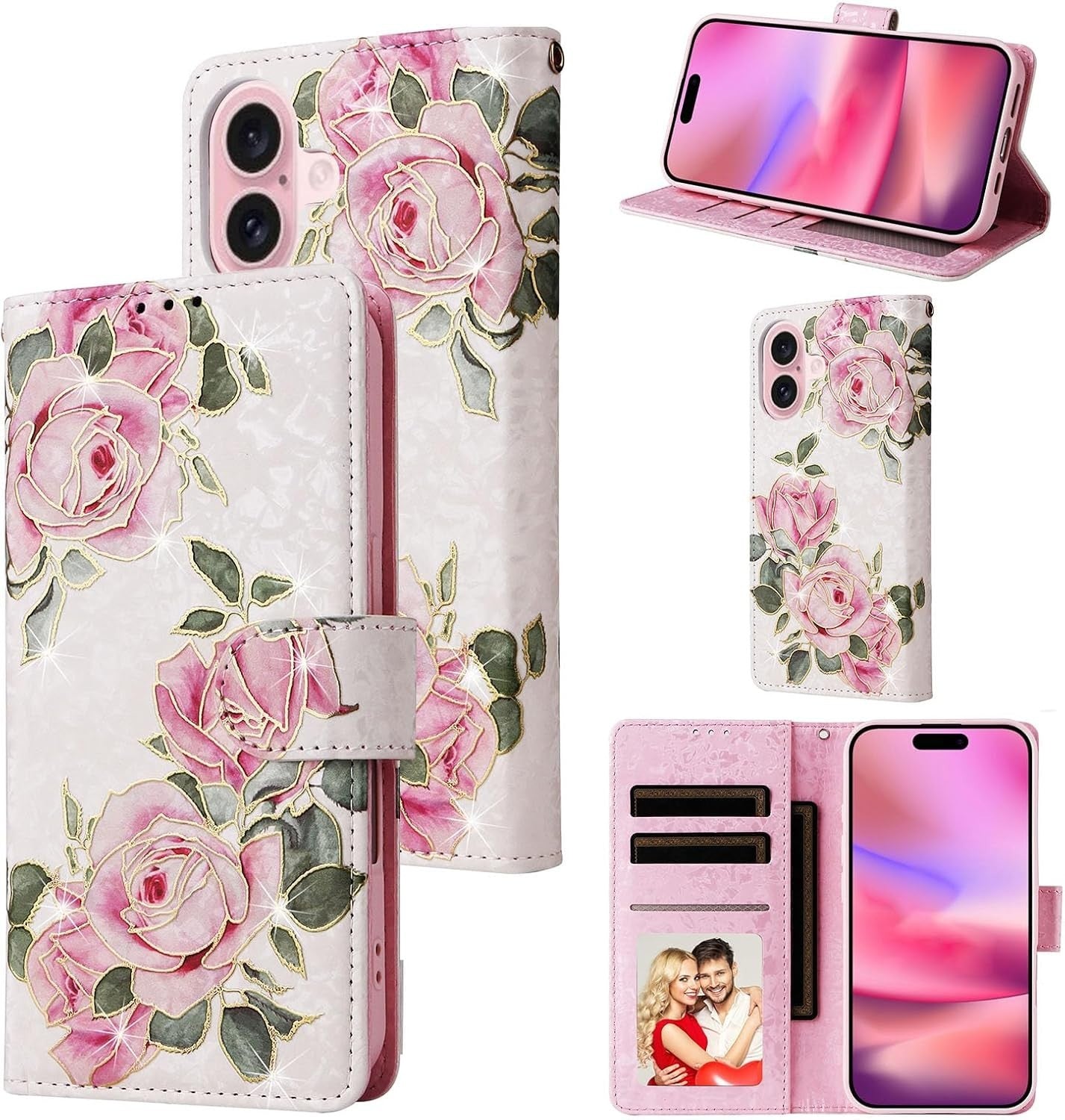 iPhone 16 Wallet Case by UEEBAI – White Rose, Card Slots, Flip Cover, Magnetic