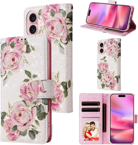 iPhone 16 Wallet Case by UEEBAI – White Rose, Card Slots, Flip Cover, Magnetic