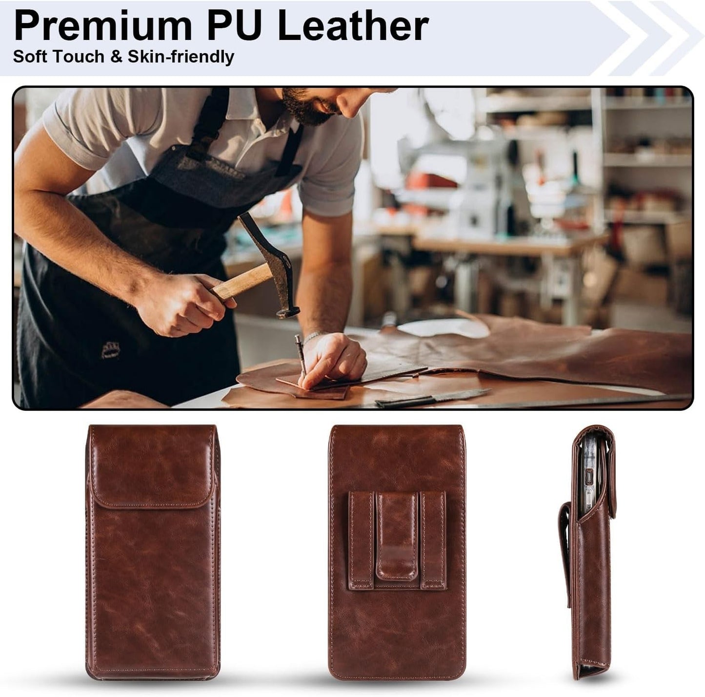 Premium Leather Cell Phone Holster for iPhone/Galaxy – Belt Clip Pouch, Coffee