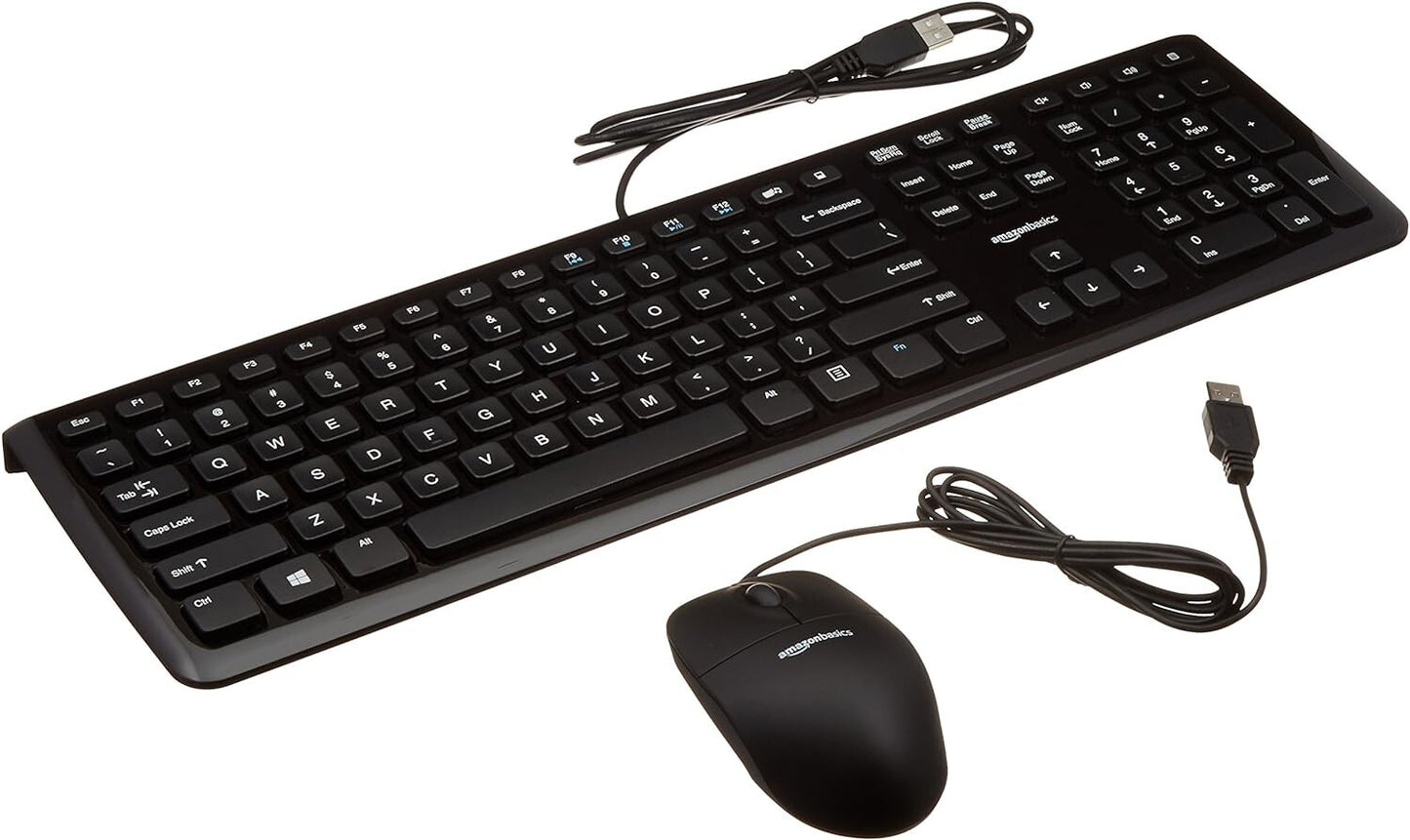 Amazon Basics Wired Computer Keyboard Mouse Black Portable Hotkeys enable