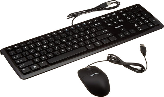 Amazon Basics Wired Computer Keyboard Mouse Black Portable Hotkeys enable