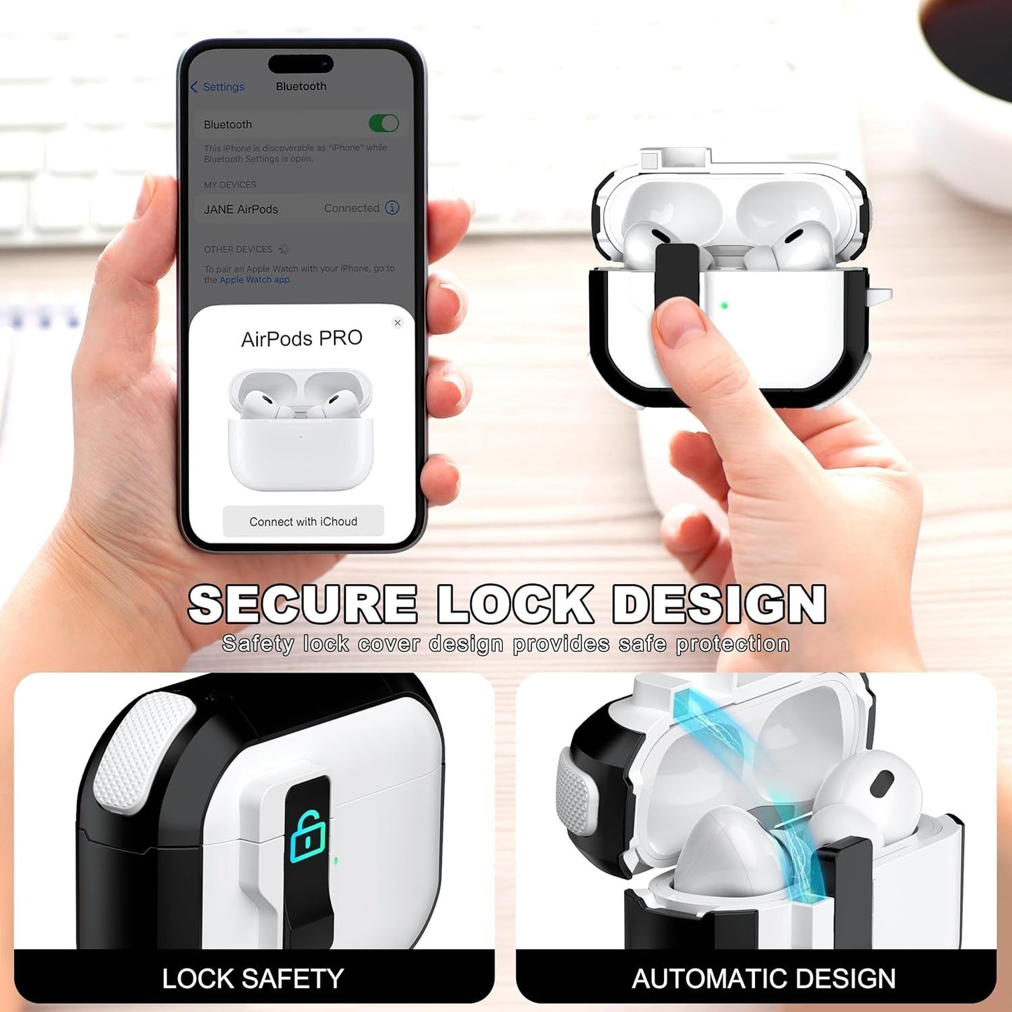 CASE for Shockproof AirPods Pro – White/Black, Pop-Up Lid, Wireless Compatible