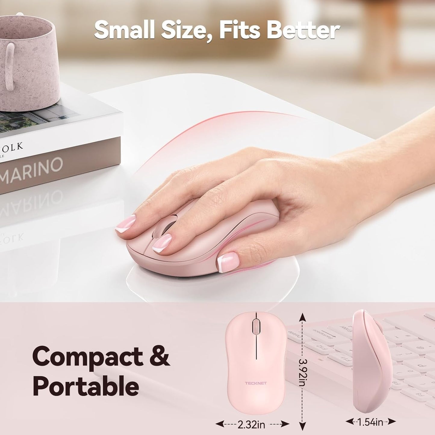 TECKNET Pink Wireless Mouse – Quiet, 5 DPI, Contoured Grip, 30 Months Battery