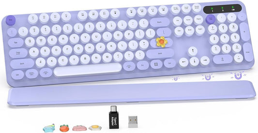 Wireless Retro Typewriter Keyboard Round Keycaps Detachable Wrist Rest Purple