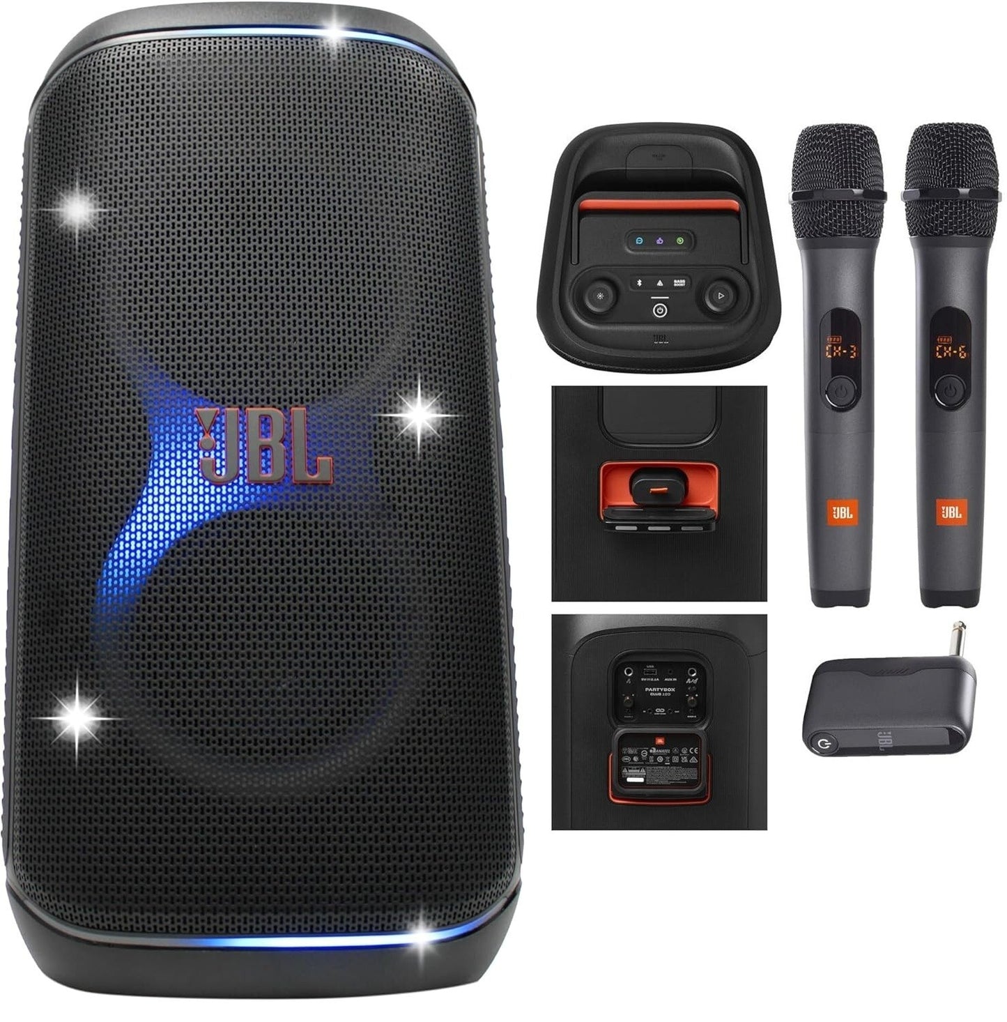 JBL PartyBox Club 120, 160W Portable Wireless Splash Proof Speaker Bundle x2 Mic