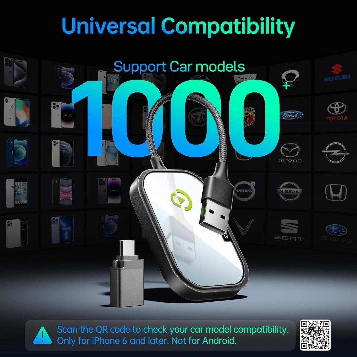 CarPlay Wireless Adapter for iPhone iOS 10+ – Plug & Play, Works 2017+ Cars