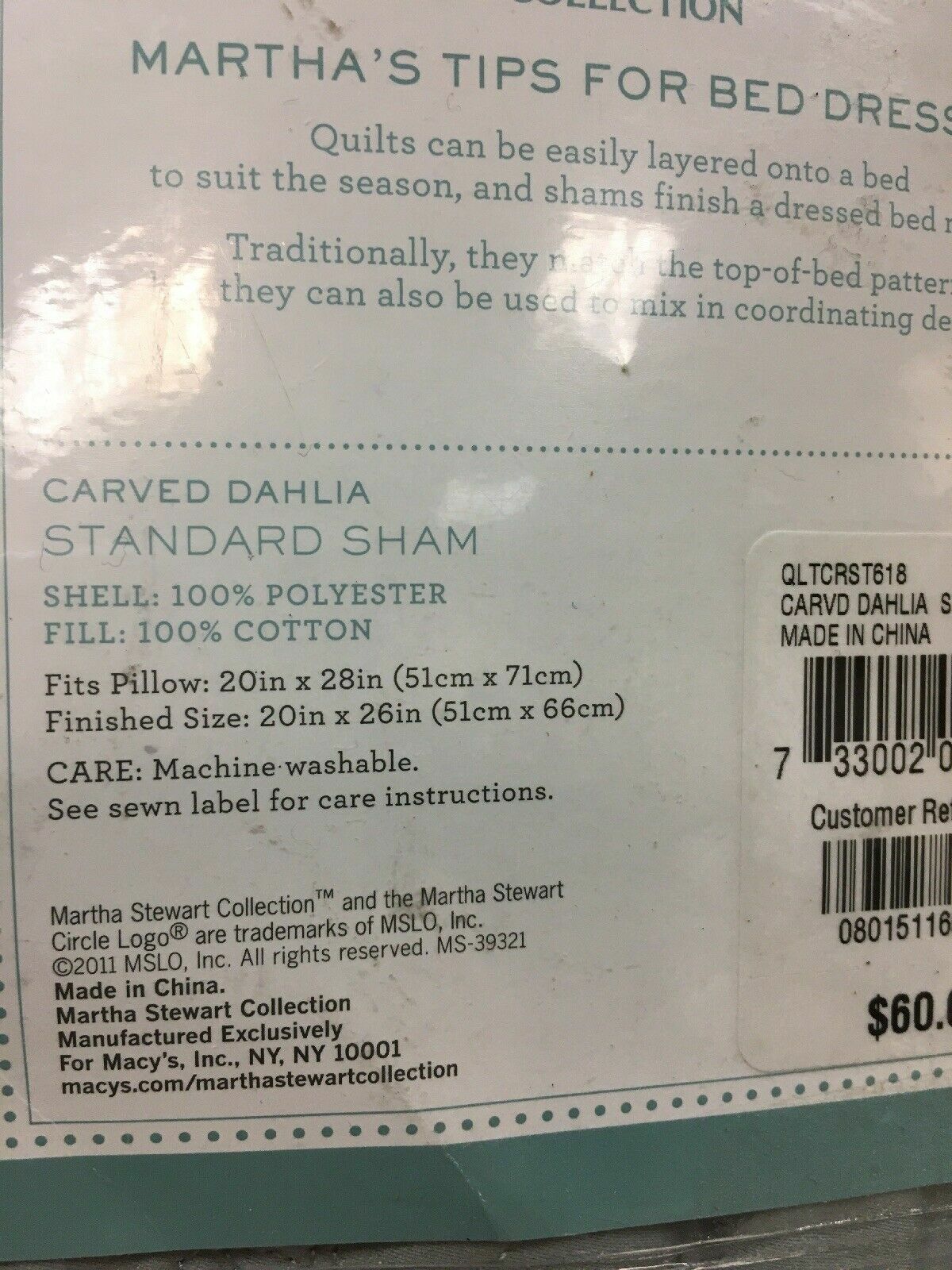 MARTHA STEWART Standard Pillow Sham Carved Dahlia Light Blue