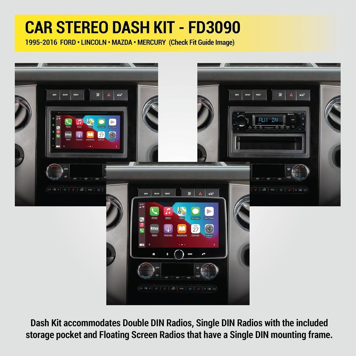Scosche FD3090B Dash Kit – Double or Single DIN w/ Pocket, 1995‑2016 Ford & More