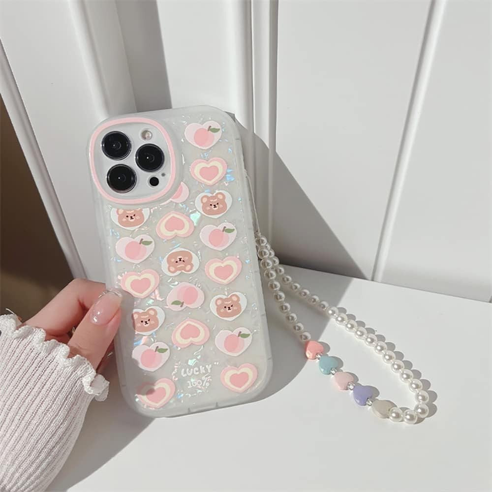 Fycyko Case for iPhone 15 Pro Max, Aesthetic Bear Design + Pearl Chain Accessory