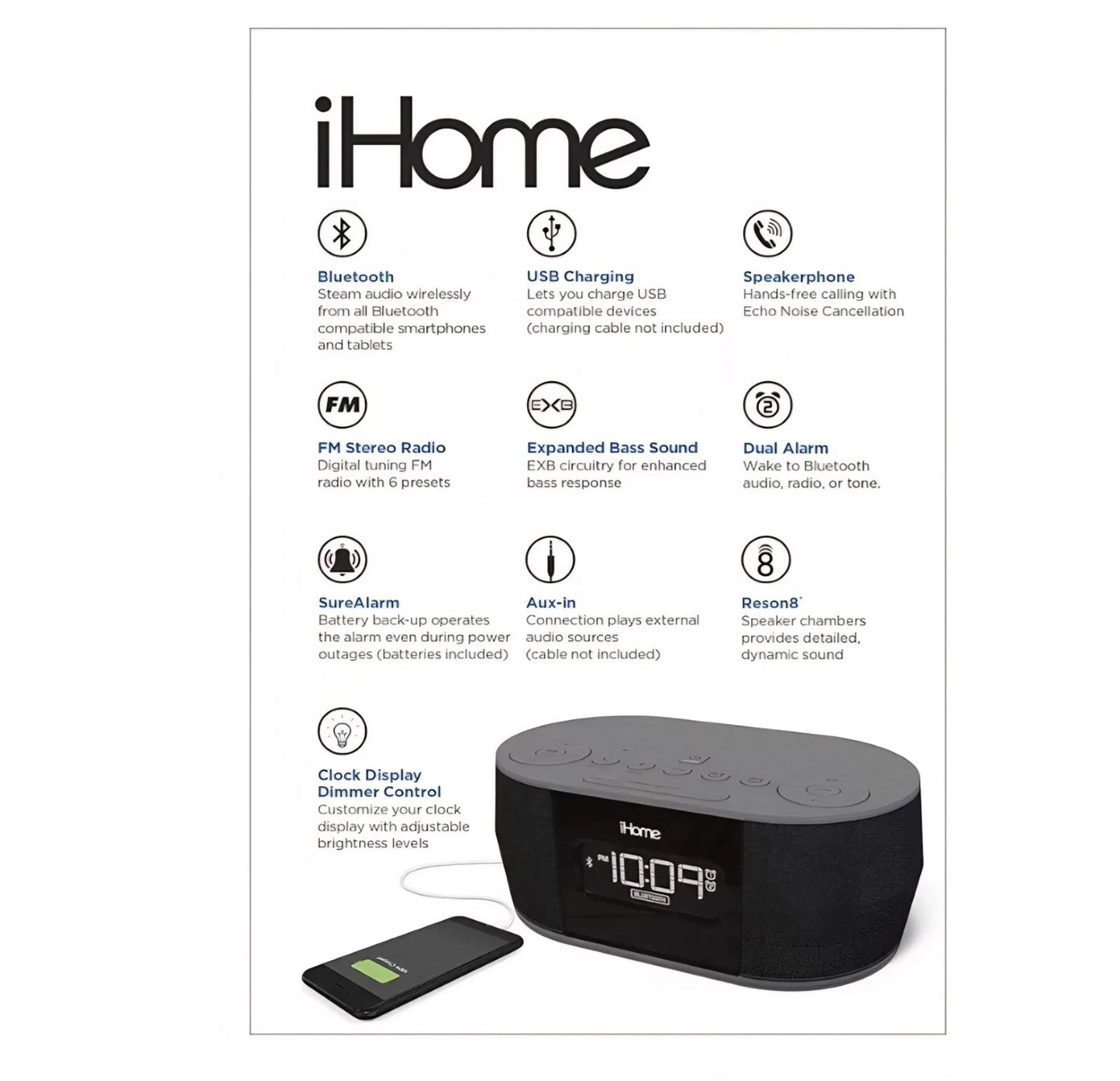 iHome Alarm Clock w   Bluetooth Speaker iBT38 with USB  Charging Port OEM