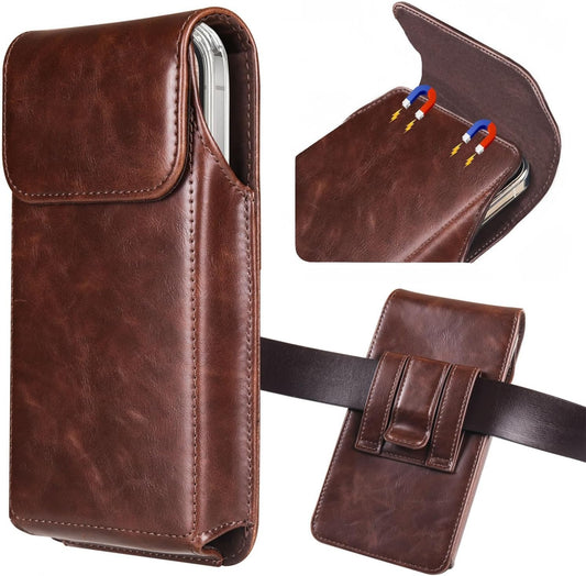 Premium Leather Cell Phone Holster for iPhone/Galaxy – Belt Clip Pouch, Coffee