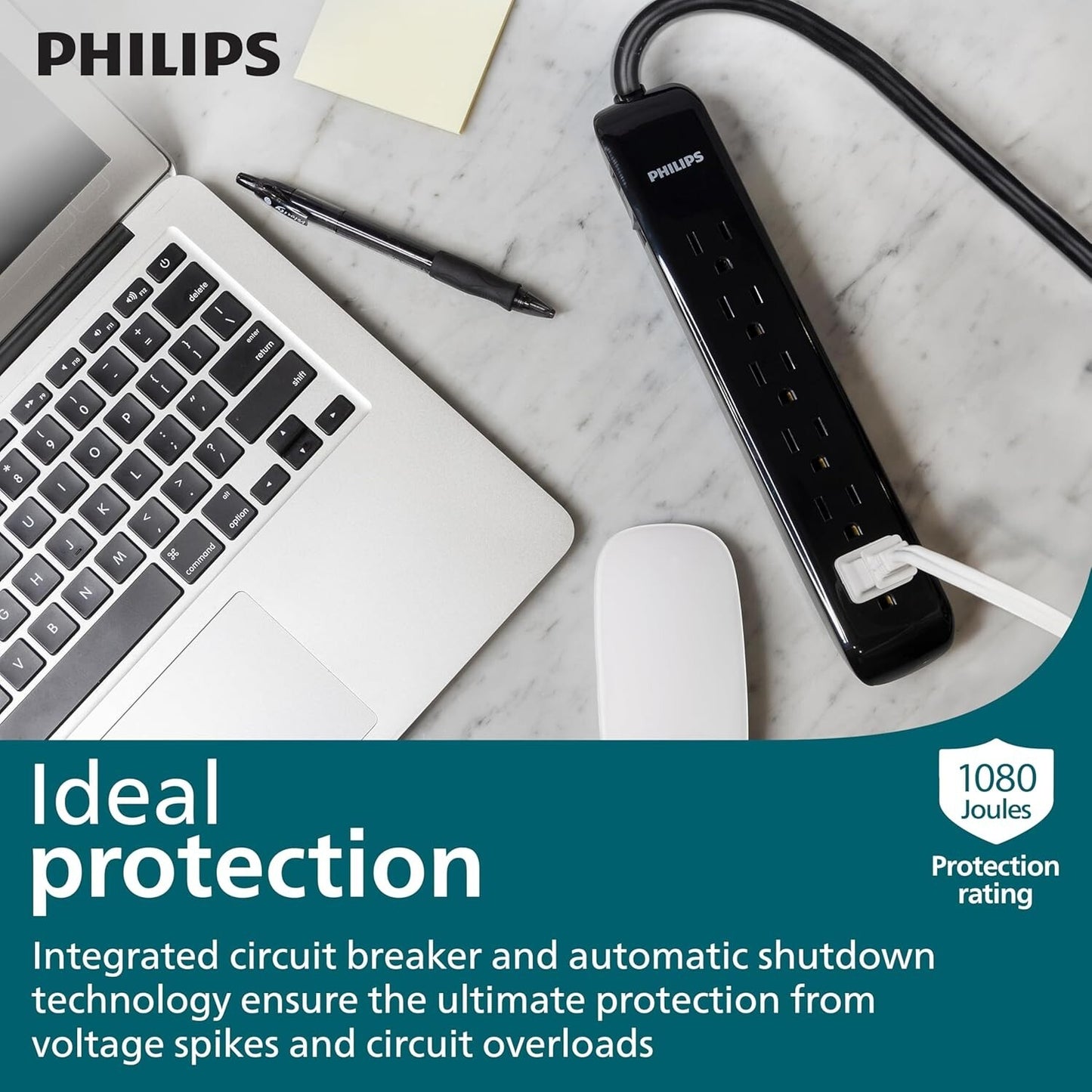 SPP6110BC 1080J Philips 37 6Outlet Surge Protector 10Ft Cord