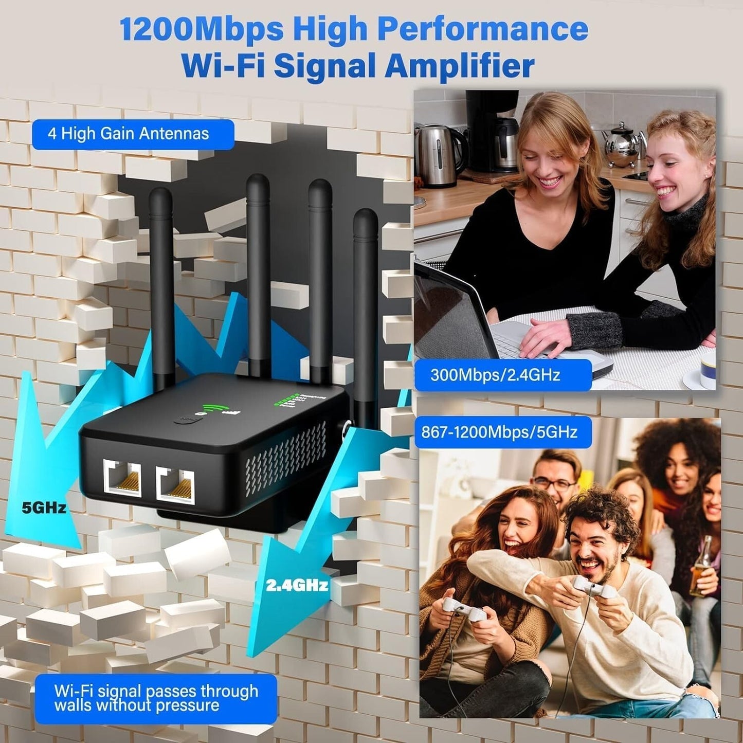 WiFi Extender 1200Mbps WiFi Signal Booster Amplifier Covers Up to 9800sq ft